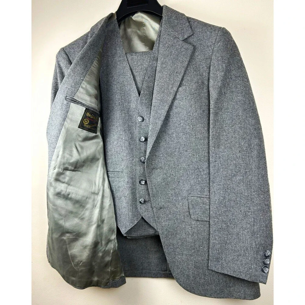 Vintage 70s Hubbard Gray Tweed Wool 3-Piece Suit 34R Jacket Vest Pants 30X31